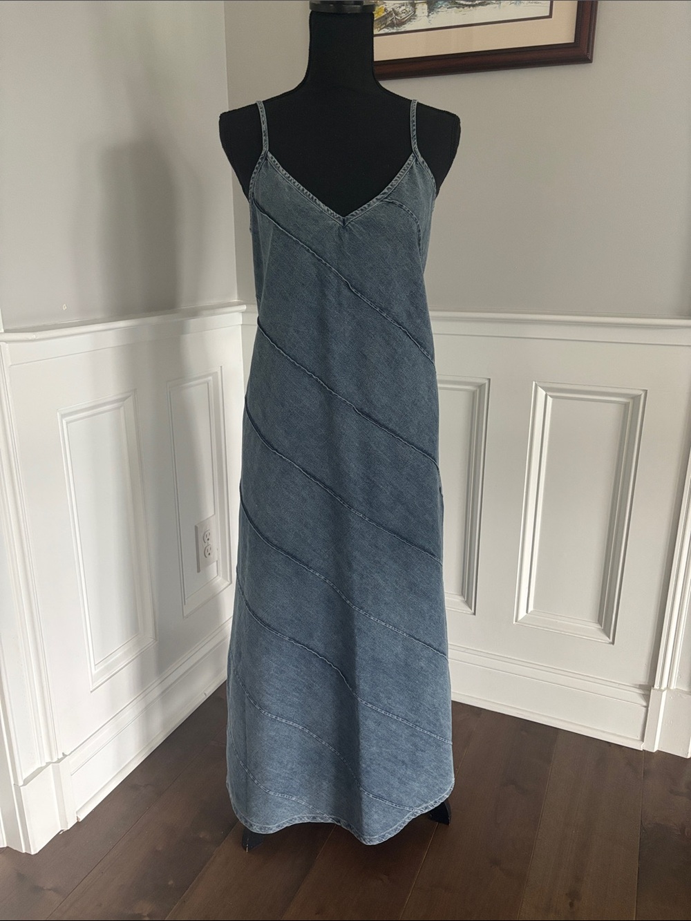 Stile Washed Blue Denim Slip Dress with adjustable straps and side pockets, M